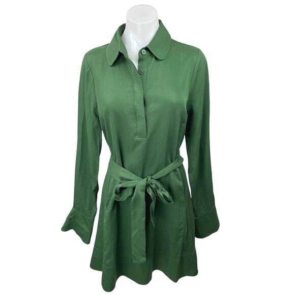 NEW Darling Green Long Sleeve Button Collar Tie Waist Belted Mini Shirt Dress S - Picture 1 of 8